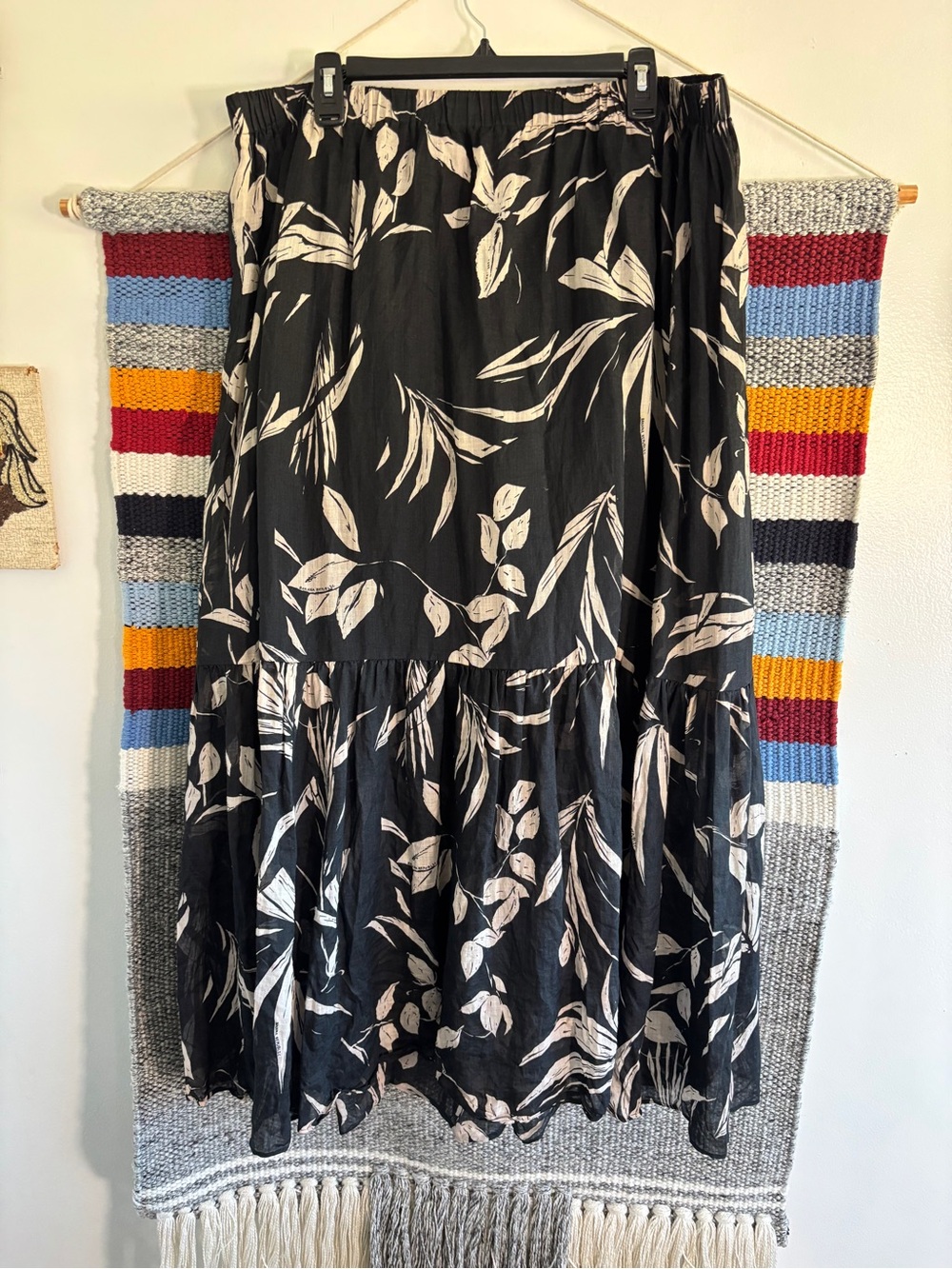 Banana Republic Black Cotton Maxi Skirt with Cream Leaf Print